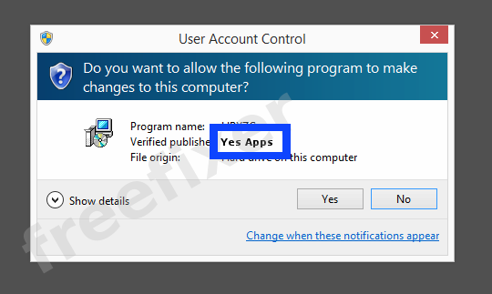 Screenshot where Yes Apps appears as the verified publisher in the UAC dialog